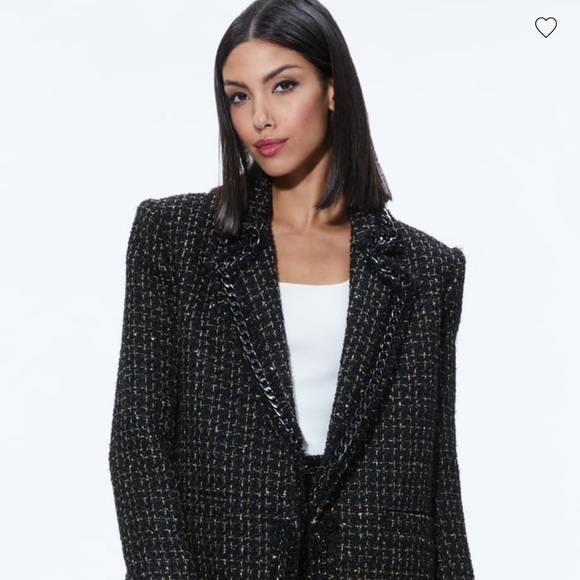 NWT Alice + Olivia Shan Tweed Chain Trim Blazer Jacket Black Metallic Size 0 - Picture 6 of 16